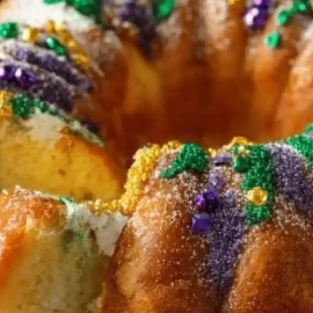 Delicious homemade King Cake with colorful icing and decorative sprinkles