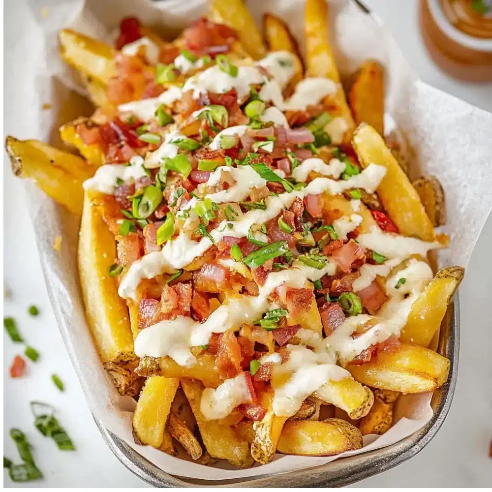 Delicious loaded fries topped with cheese, bacon, and green onions