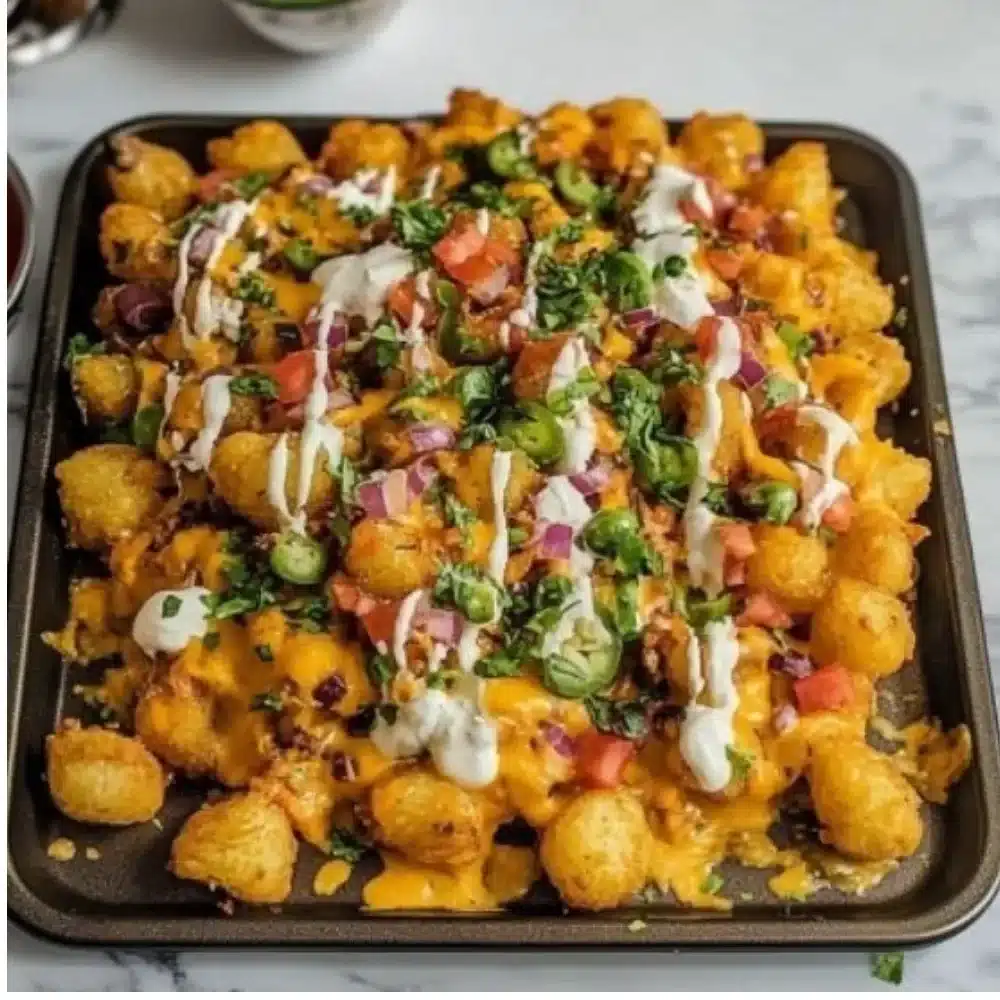 Delicious loaded tater tots topped with cheese and bacon