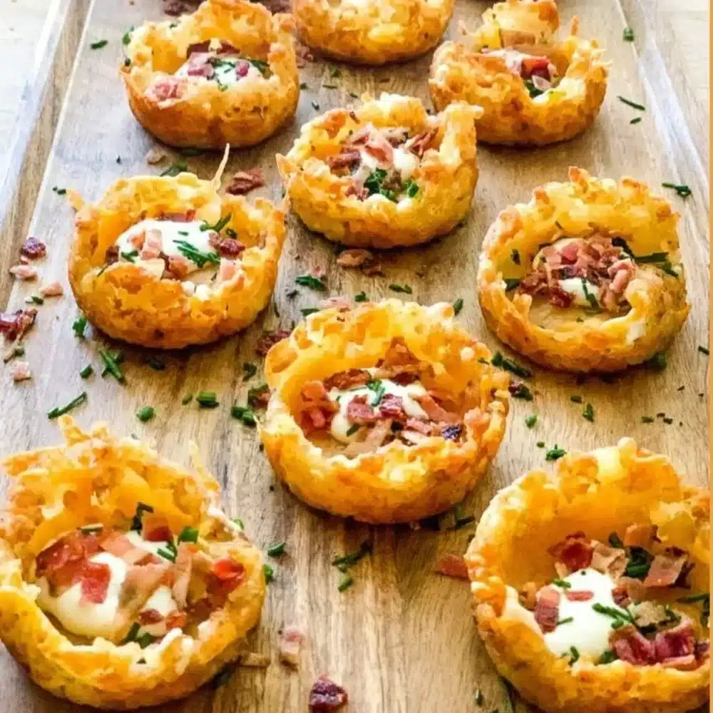 Loaded tater tots appetizers topped with cheese, bacon, and green onions