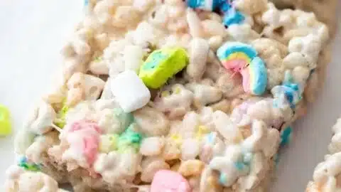 Lucky Charms Rice Krispies Treats with colorful marshmallows and crispy texture.