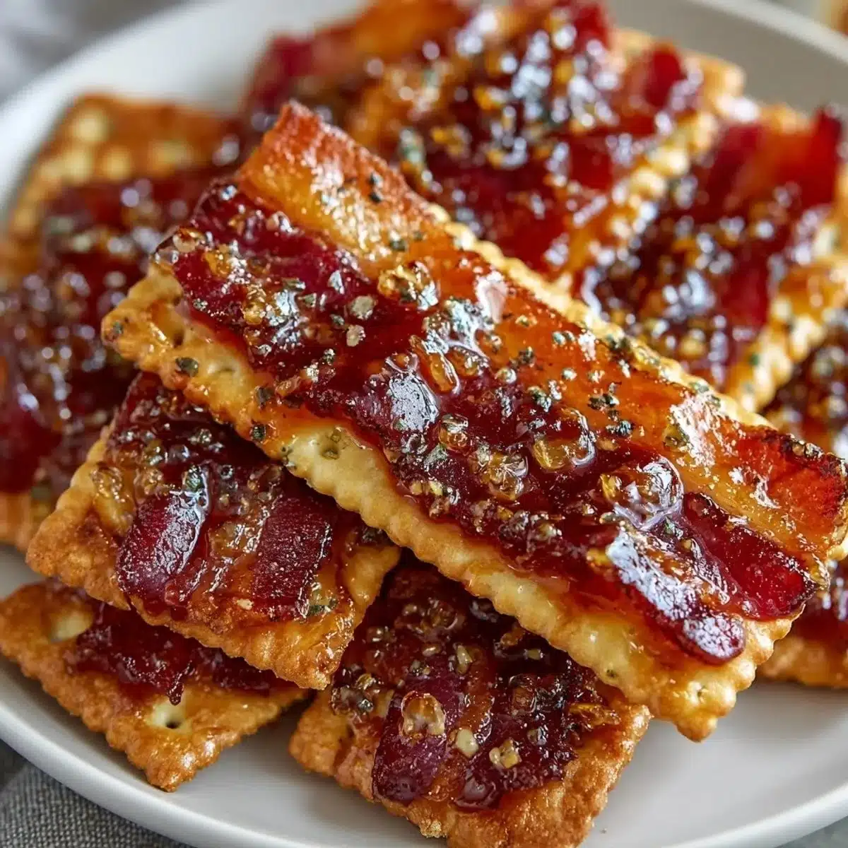Maple Candied Bacon Crackers – sweet and savory snack topped with candied bacon