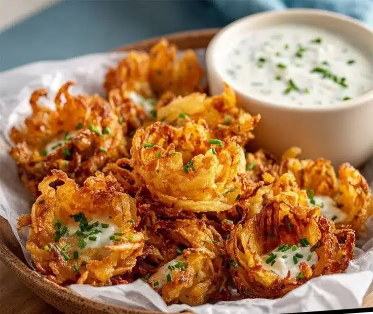 Mini bloomin' onions with buttermilk ranch dip on a plate