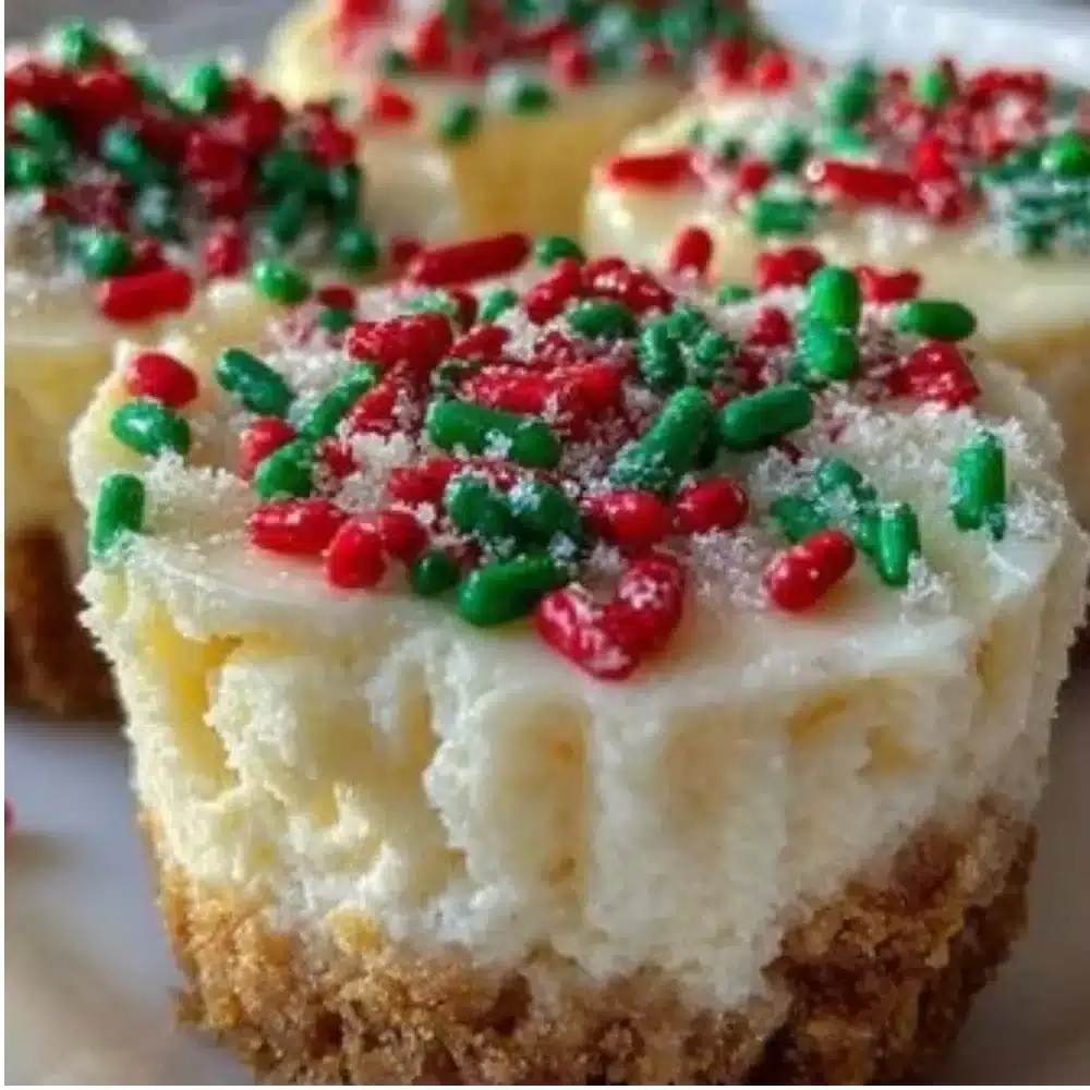 Delicious mini Christmas cheesecakes topped with festive decorations.