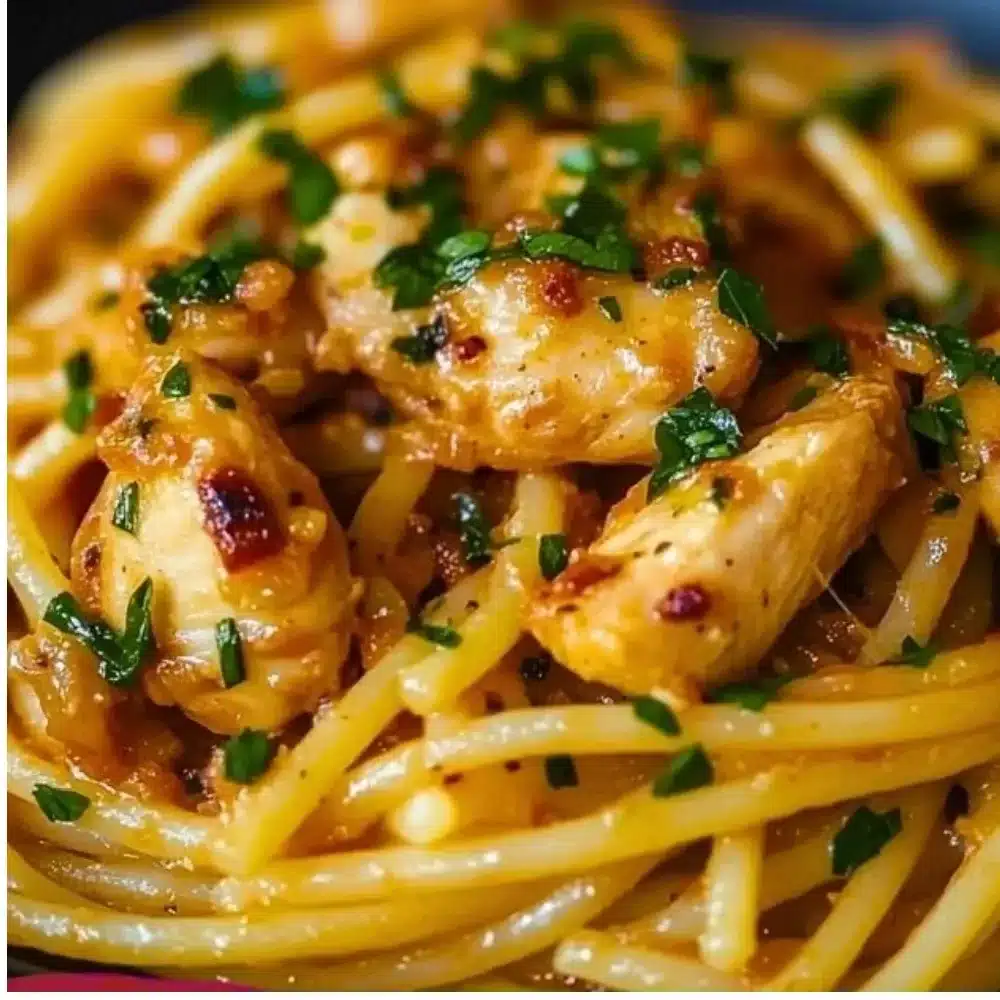 Plate of Monterey Chicken Spaghetti garnished with fresh herbs and tomatoes