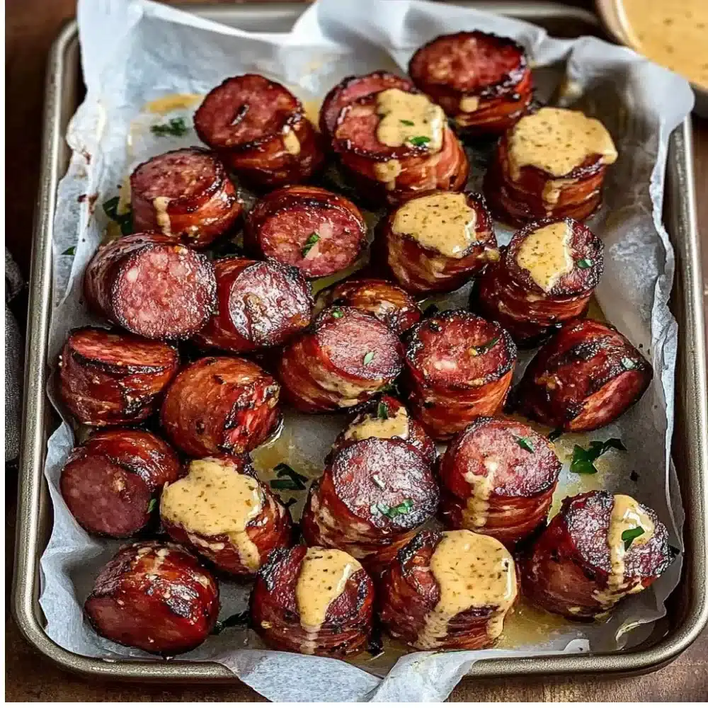 Mustard Hasselback kielbasa bites served as appetizers