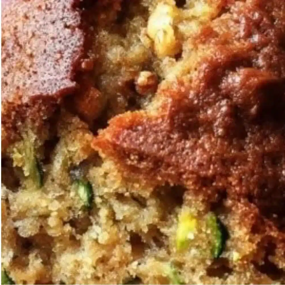 Sliced old fashioned zucchini bread on a wooden table, showcasing its moist texture.
