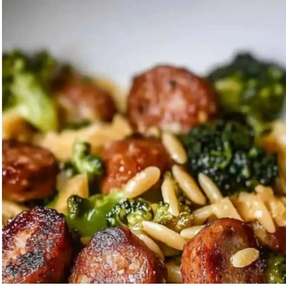 One-Pan Chicken Sausage and Orzo dish with vegetables