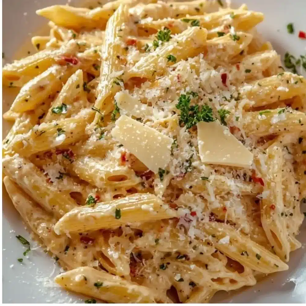 A bowl of One Pot Creamy Garlic Pasta topped with parsley and parmesan.