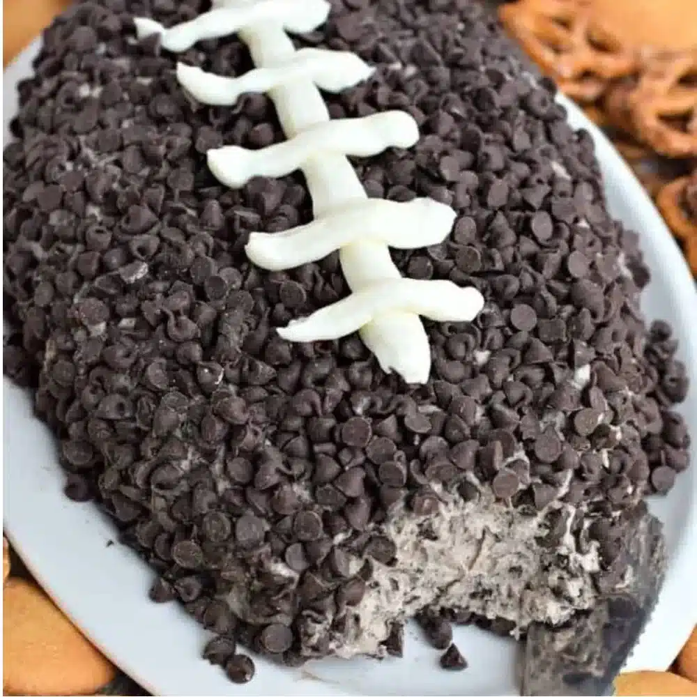 Oreo cheese ball made with cream cheese and crushed Oreo cookies for game day