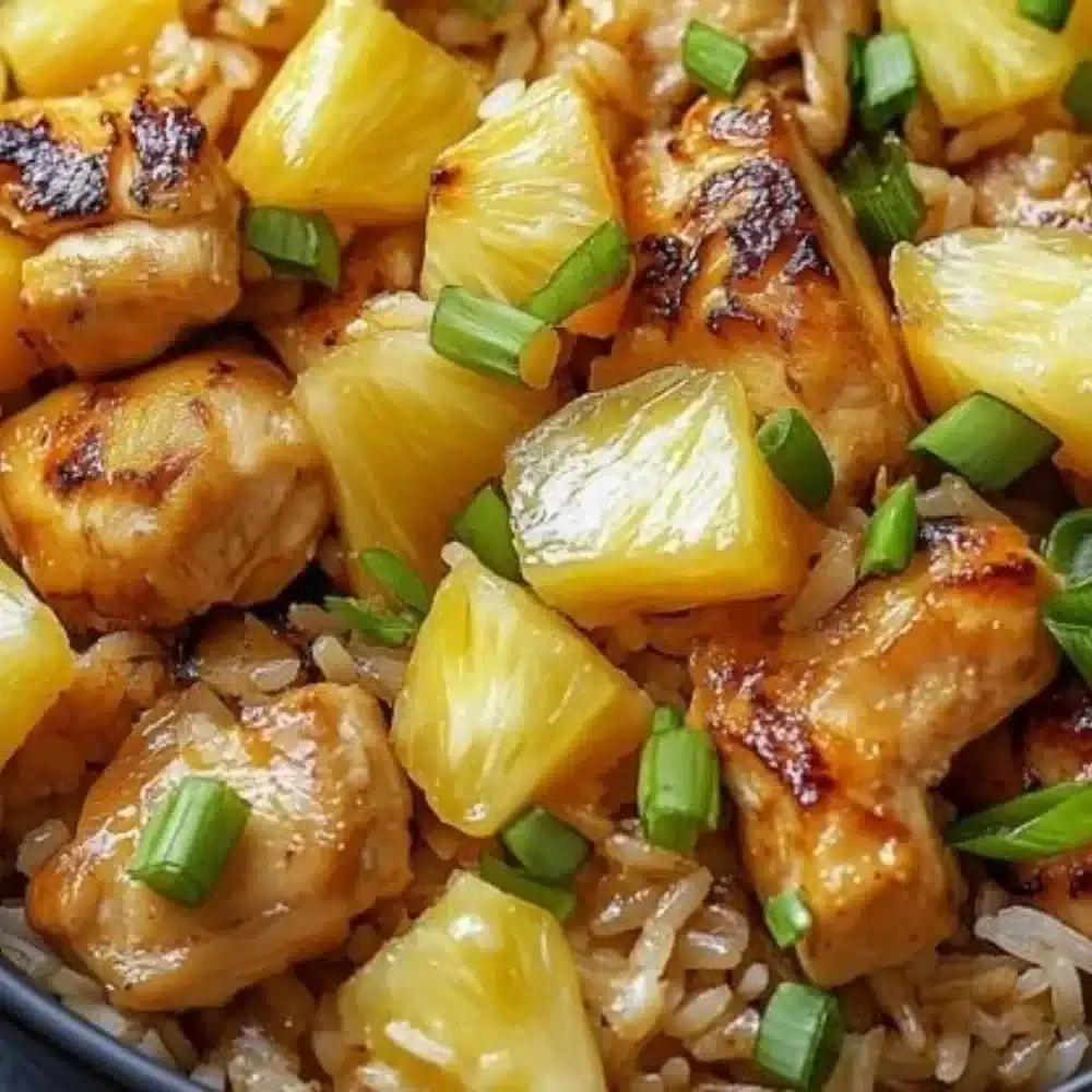 Pineapple Chicken and Rice topped with fresh herbs and served in a bowl
