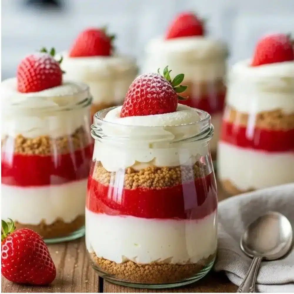 No-bake strawberry cheesecake jars topped with fresh strawberries