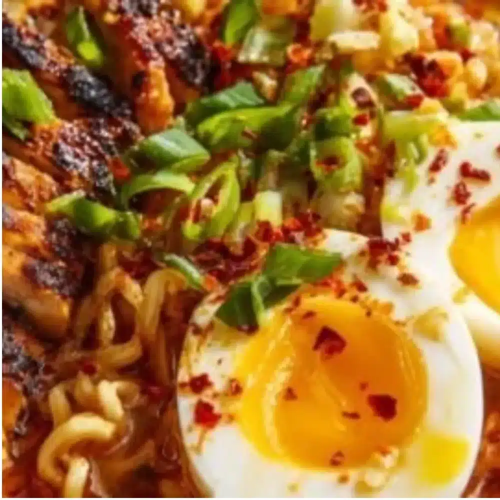 Bowl of steaming ramen noodles topped with vegetables and a soft-boiled egg.