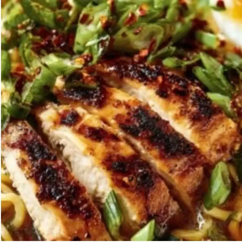 A steaming bowl of ramen noodles topped with vegetables and an egg