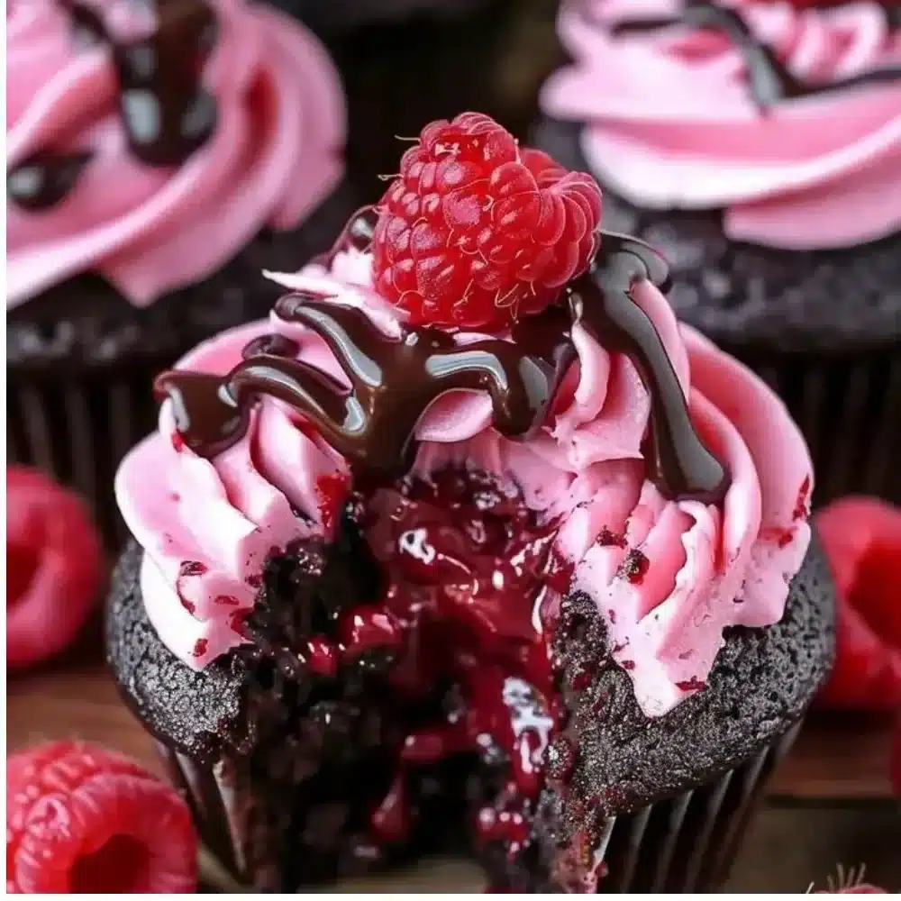 Raspberry chocolate lava cupcakes with molten chocolate center