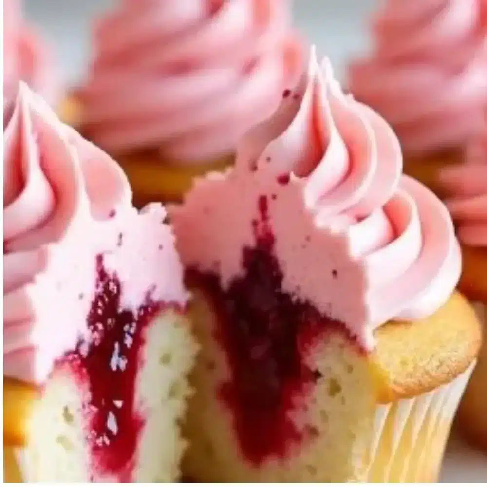 Delicious Raspberry Cream Cupcakes topped with creamy frosting and fresh raspberries