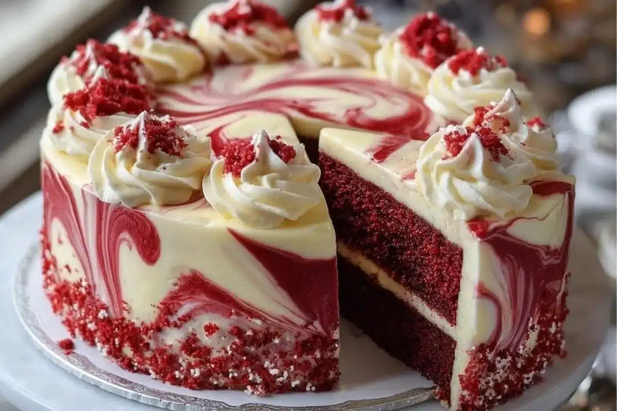 Red velvet cheesecake swirl cake with rich cream cheese frosting