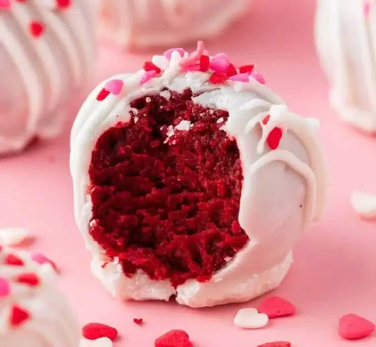 Delicious homemade Red Velvet Truffles on a white plate garnished with chocolate shavings.
