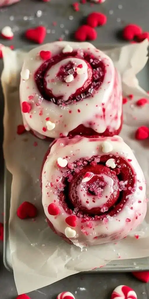 Red Velvet Valentine's Day cinnamon rolls topped with cream cheese icing