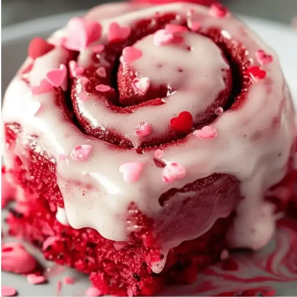 Red Velvet Valentine's Day Cinnamon Rolls topped with cream cheese frosting