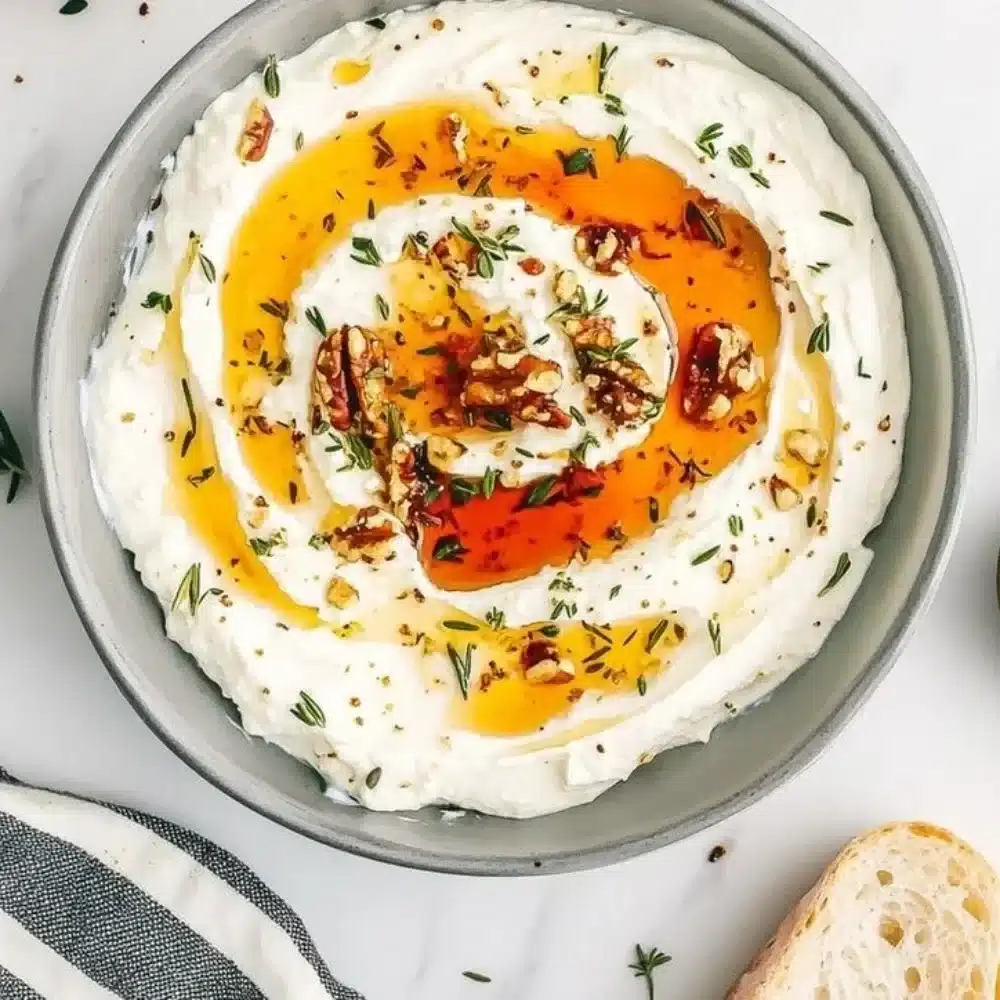 Ricotta dip drizzled with hot honey served in a bowl