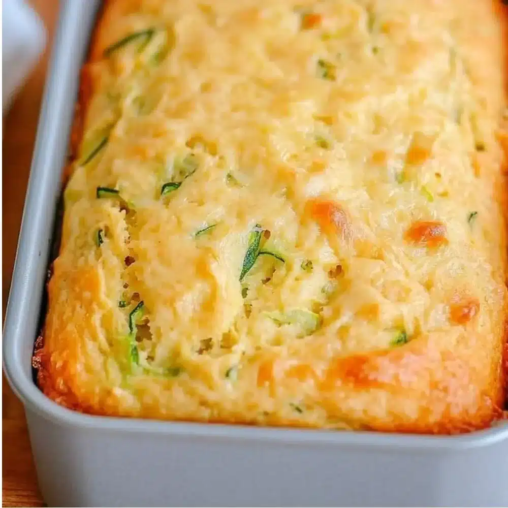 Slice of savory zucchini quick bread with herbs and spices on a wooden board