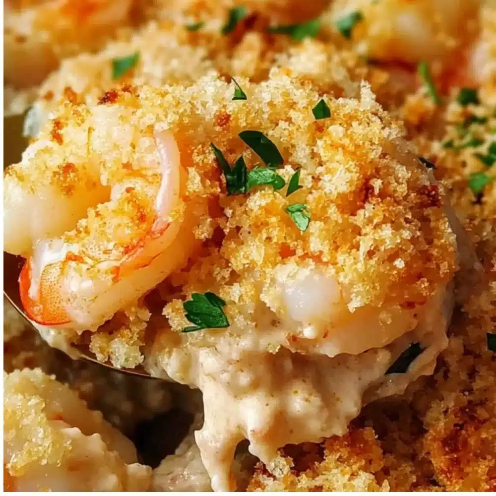 Delicious shrimp casserole served in a bowl, garnished and ready to eat