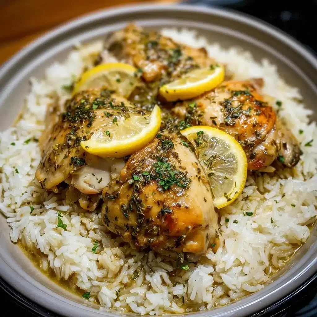 Slow Cooker Lemon Herb Chicken served with fluffy rice on a plate