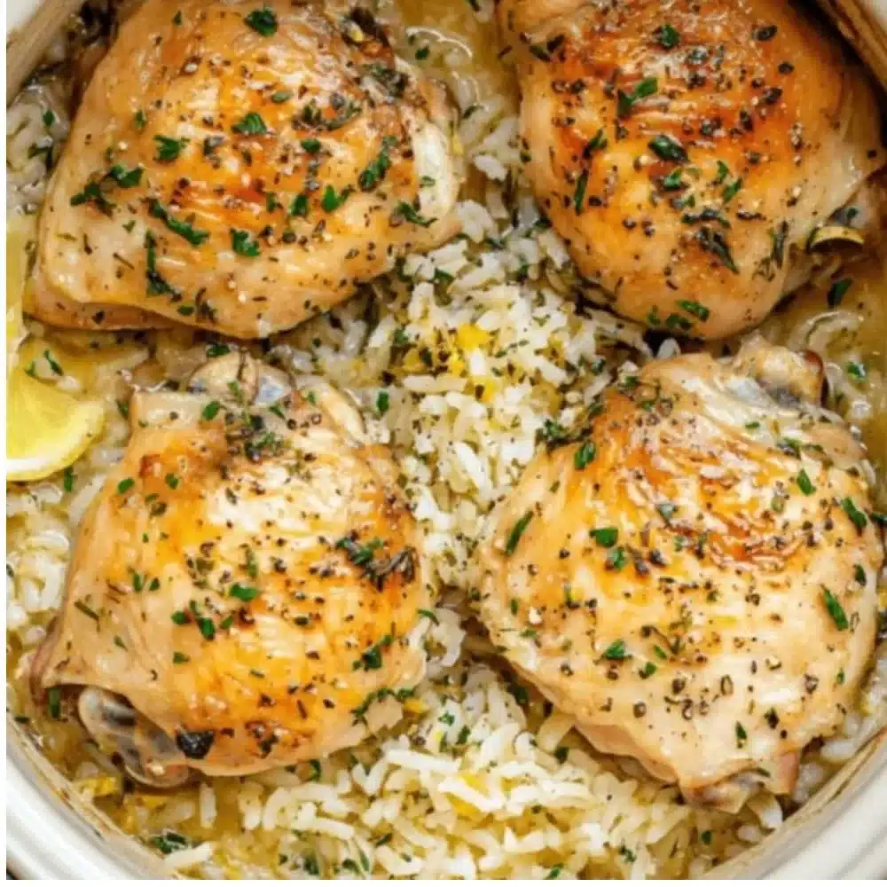 Slow Cooker Lemon Herb Chicken served over fluffy rice