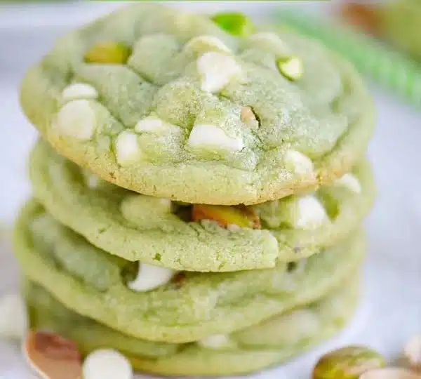 Soft and chewy pistachio pudding cookies on a baking tray.