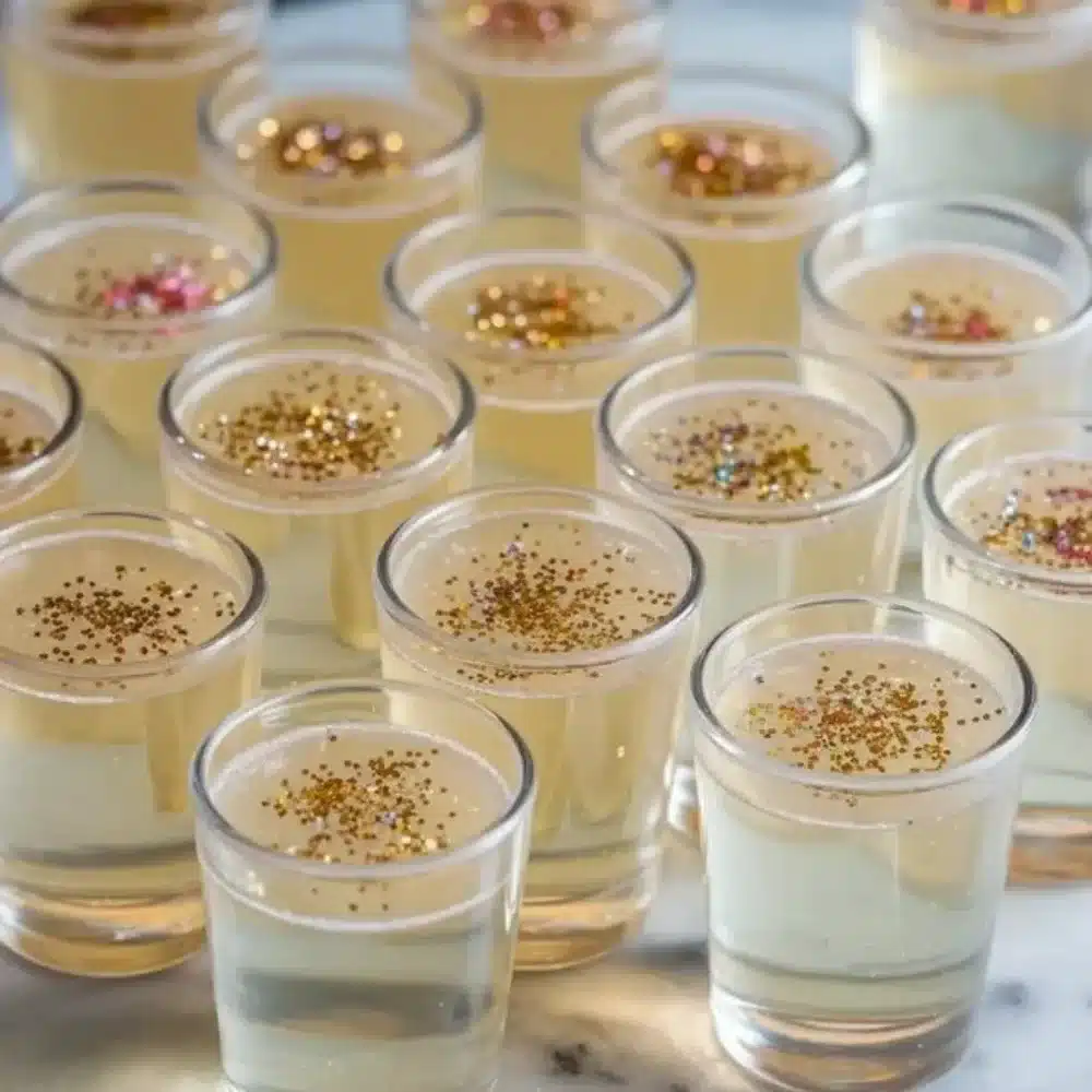 Sparkling Glitter Prosecco Jello Shots served in elegant glasses
