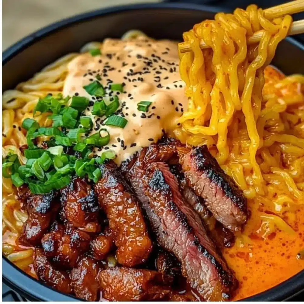 Spicy Korean ramen with grilled beef and creamy sauce garnished with green onions