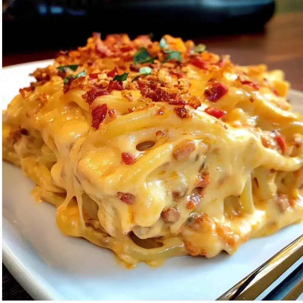 Spicy Southern cheesy chicken spaghetti casserole with melted cheese and pasta