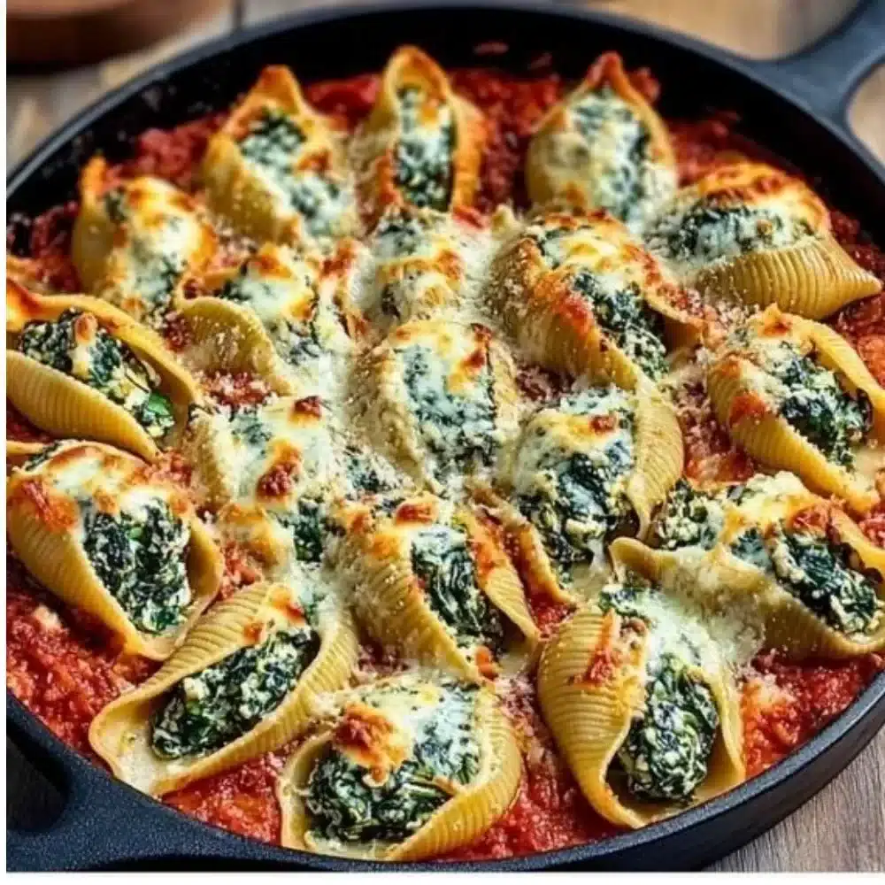 Spinach and Ricotta Stuffed Shells dish ready to serve