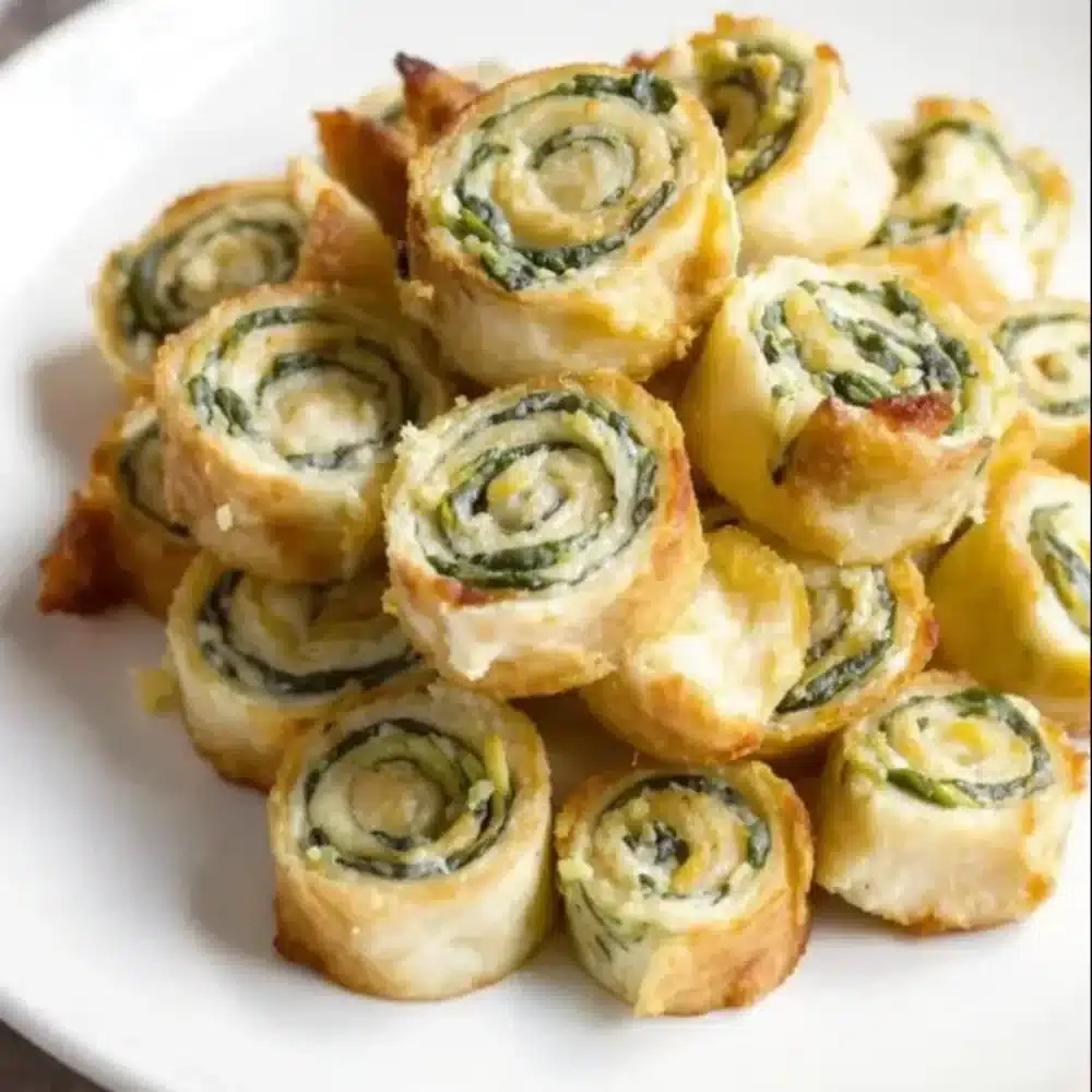 Bite-sized pinwheels filled with creamy spinach dip