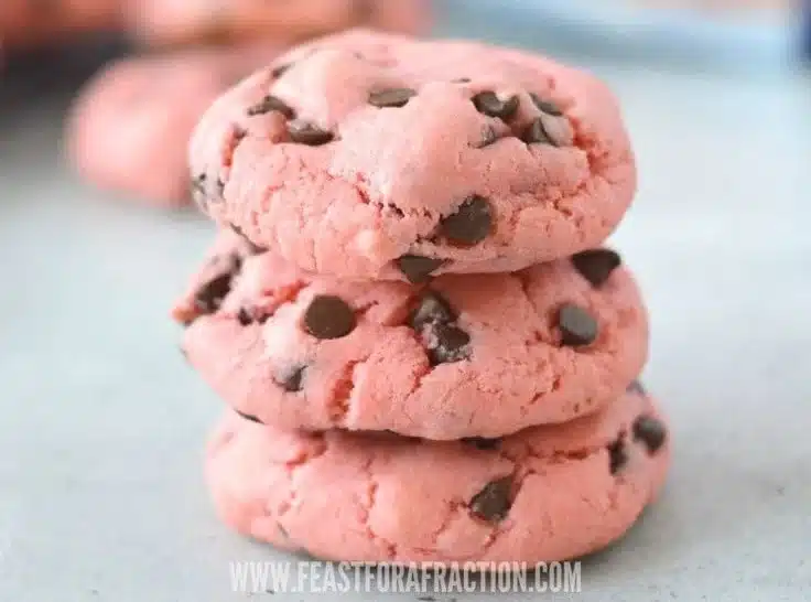 Strawberry cake mix cookies with chocolate chips on a plate