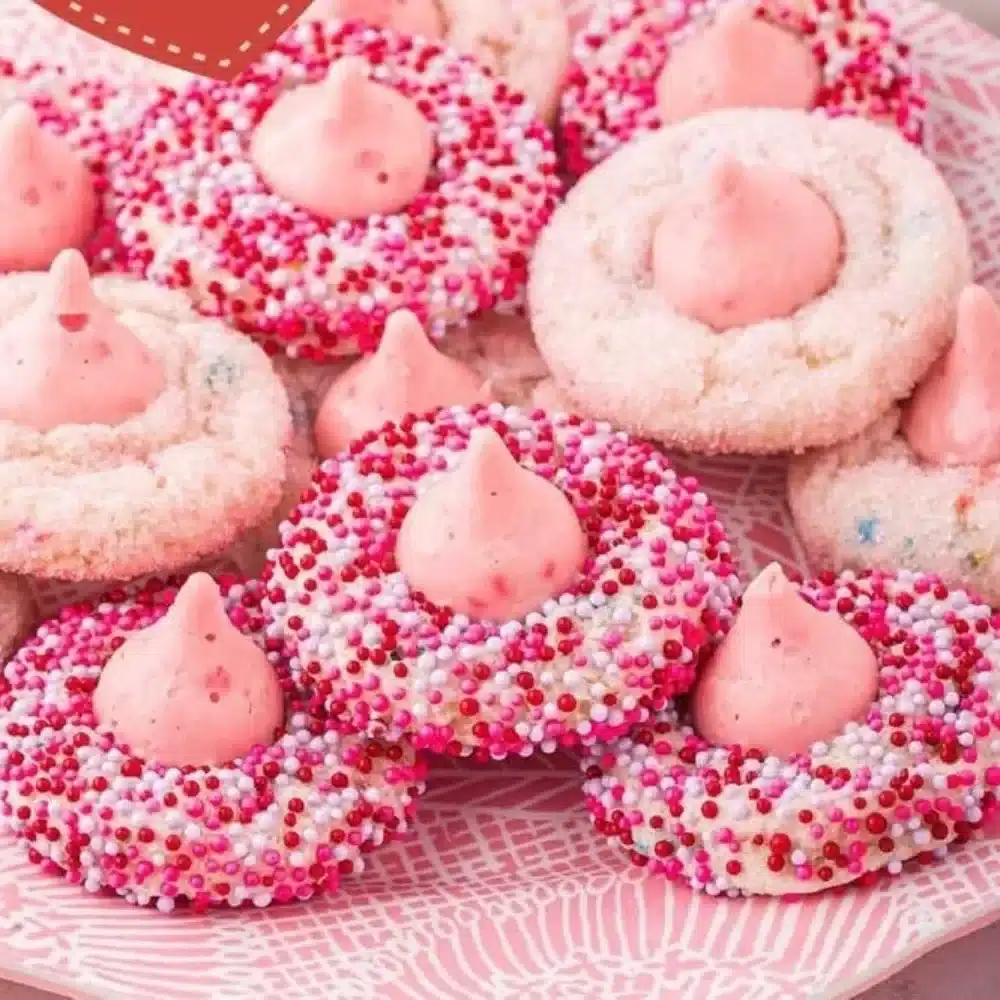 Freshly baked Strawberry Kiss Cookies with strawberries and chocolate kisses.