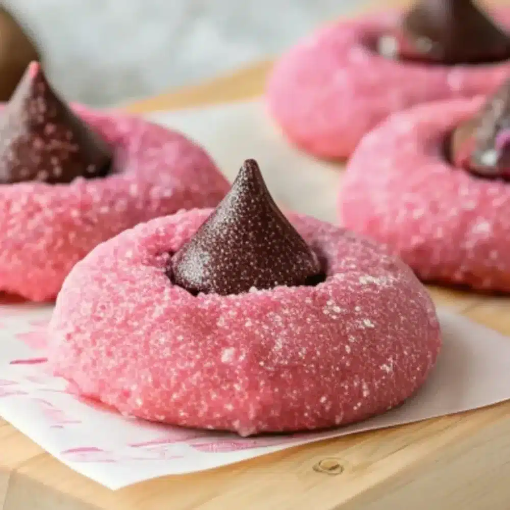 Freshly baked Strawberry Kiss Cookies with pink strawberry frosting.