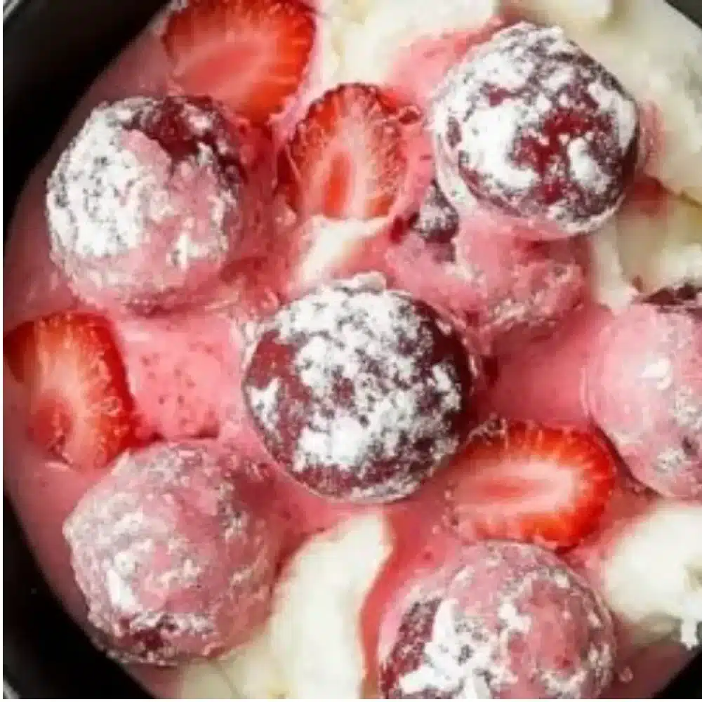 Decadent homemade strawberry truffles on a white plate