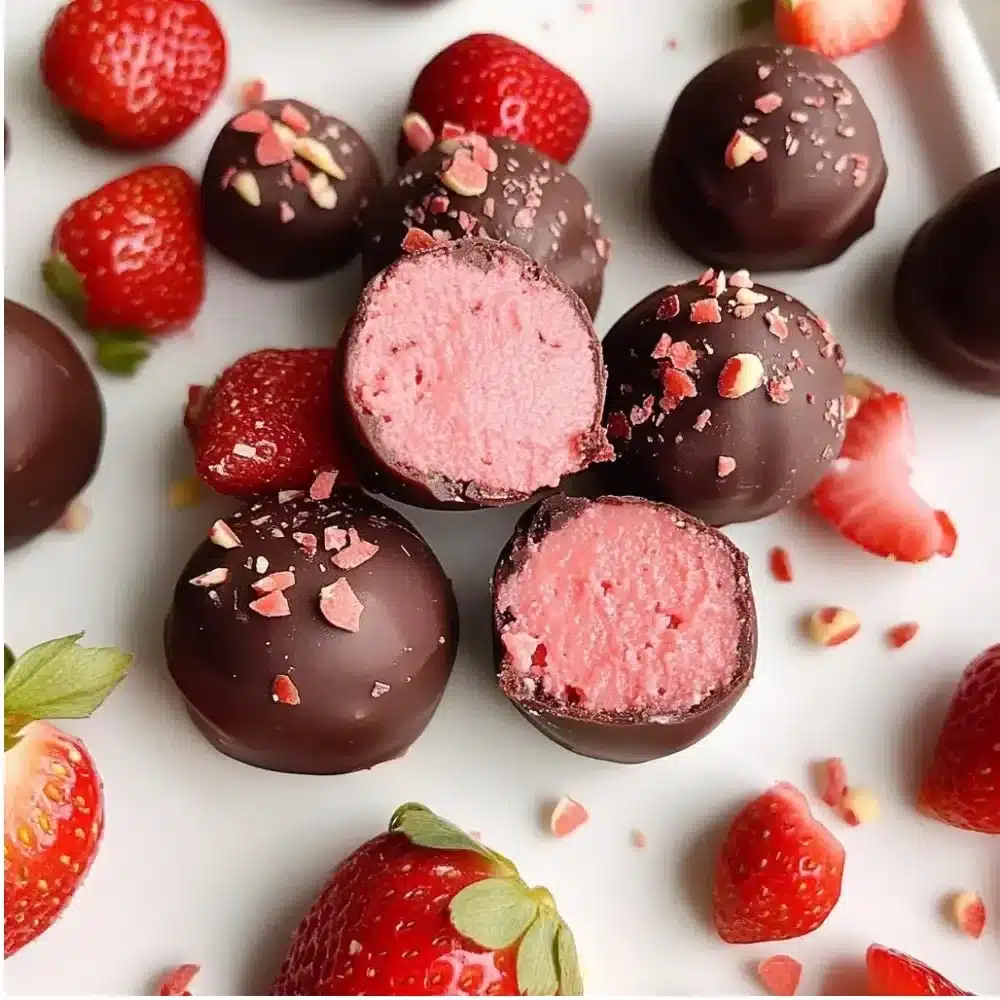 Delicious strawberry truffles decorated with fresh strawberries and chocolate.