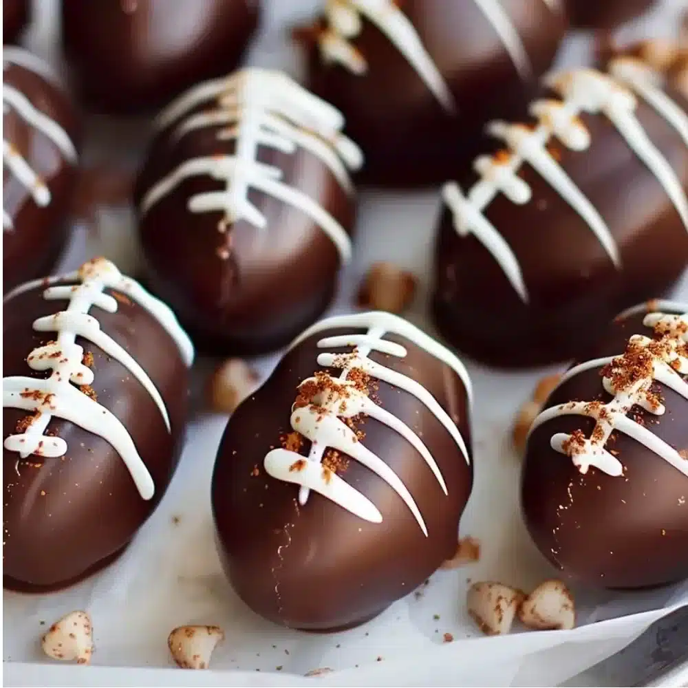 Delicious chocolate football buckeyes served for Super Bowl dessert