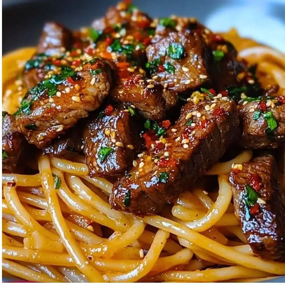 Delicious sweet and spicy garlic steak pasta served in a vibrant bowl.