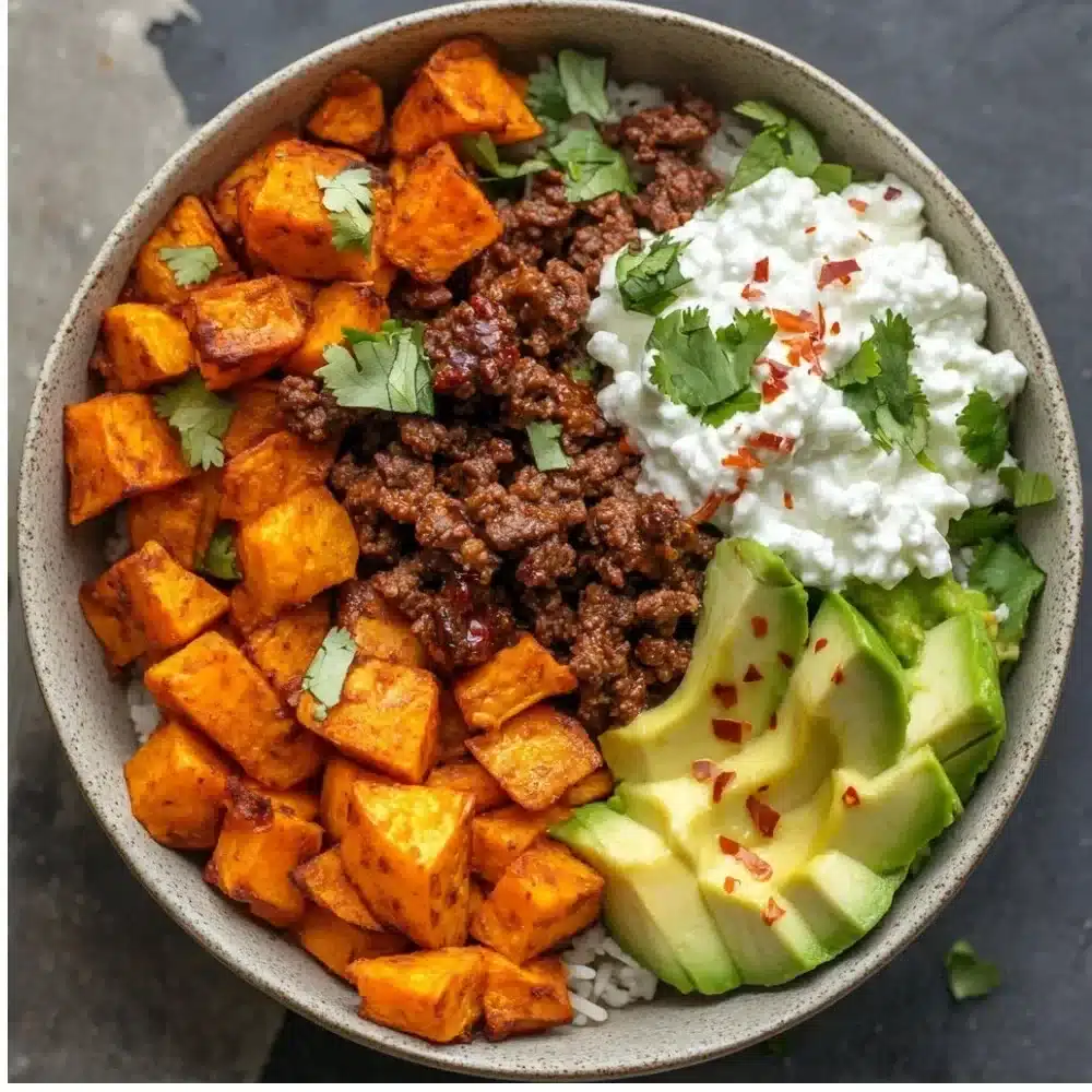 Delicious sweet potato taco bowl topped with fresh ingredients