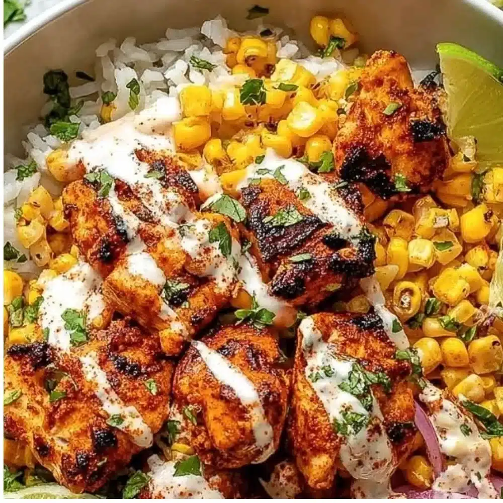 Delicious street corn chicken bowl topped with fresh ingredients.