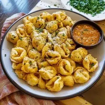 Platter of delicious tortellini snacks ready for a party
