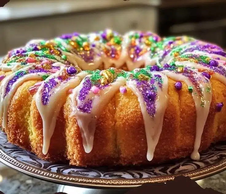 Traditional King Cake decorated with vibrant icing and festive colors.