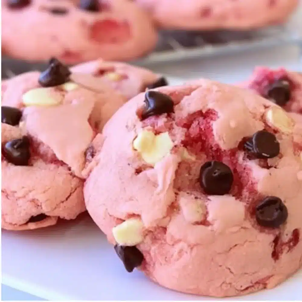 Beautifully decorated Valentine Strawberry Cookies with pink icing and fresh strawberries