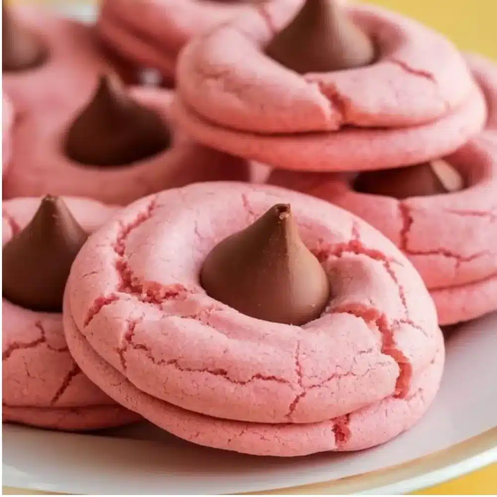 Valentine strawberry kiss cookies with a chocolate center on a pink plate.
