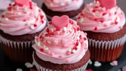 Deliciously decorated Valentine's Day cupcakes in pink and red frosting.