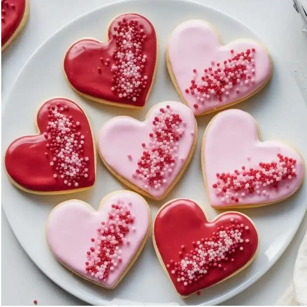 Festively decorated Valentine's Day sugar cookies in heart shapes.